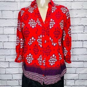 Anthropologie Maeve Womens Red Woodland Walk Geometric Print Blouse Top Size 2
